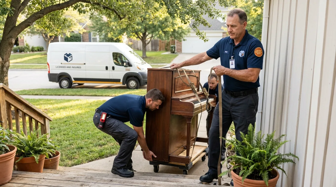 Licensed piano movers securing grand piano in Covington, GA