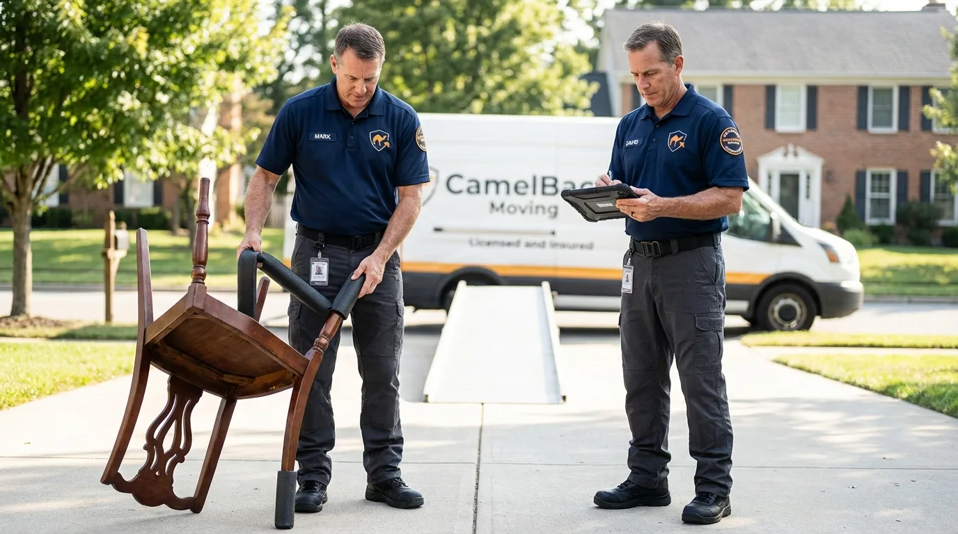 Movers inspecting furniture for damage prevention before loading in Covington, GA