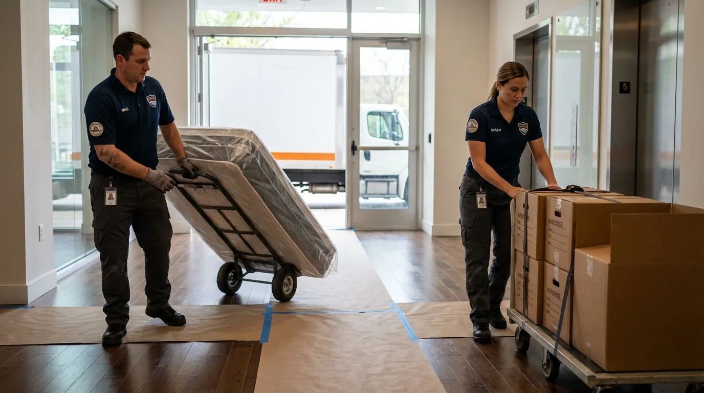 Professional apartment movers loading elevator in Covington, GA